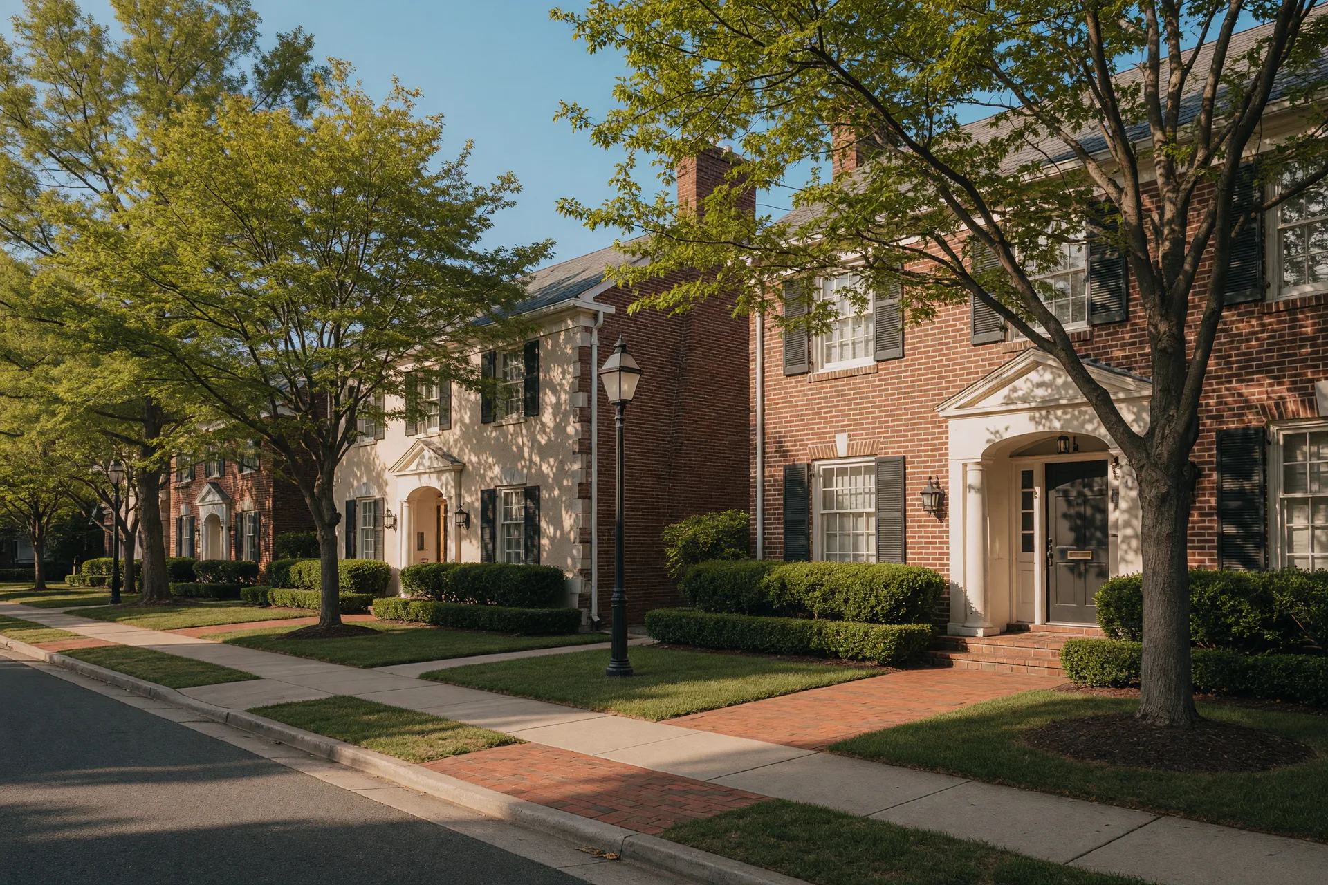 Bright daylight view of a residential street in Chevy Chase, Maryland