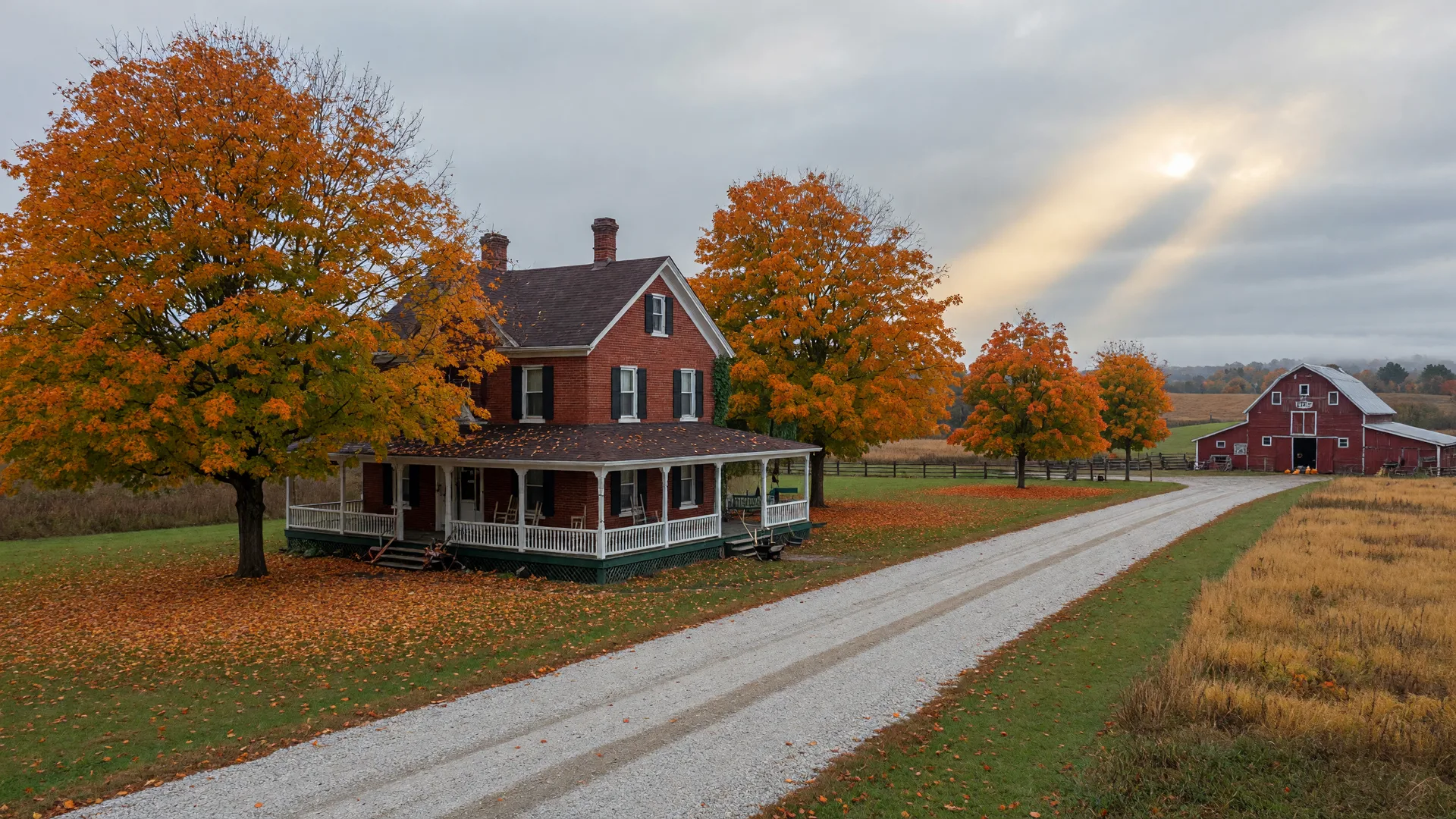 A stately red brick countryside home on acreage near Port Perry, Ontario in late October, with a covered wrap porch, mature sugar maples in autumn colour, a gravel laneway, and a red barn in the distance