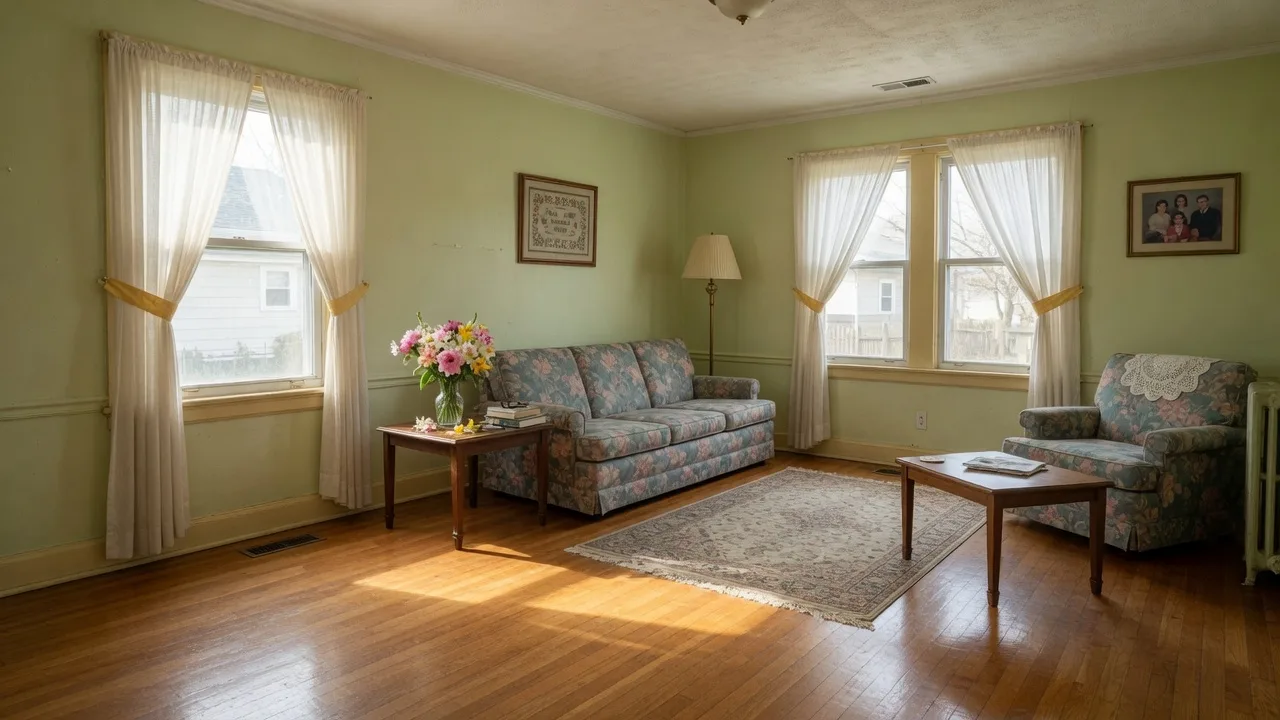 A bright, freshly cleaned living room in an older Northeast Ohio home, decluttered and ready for showings