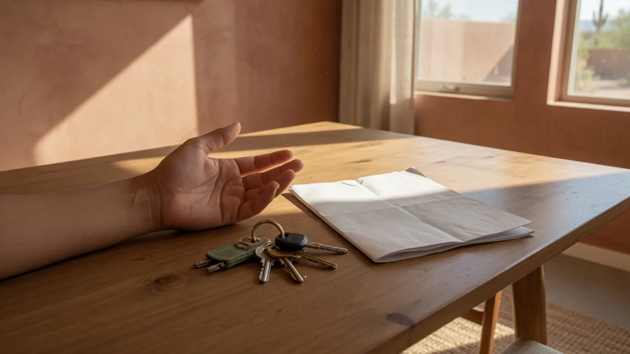 Contemplative scene with keys and a contract on a wooden table, representing a real estate decision in progress
