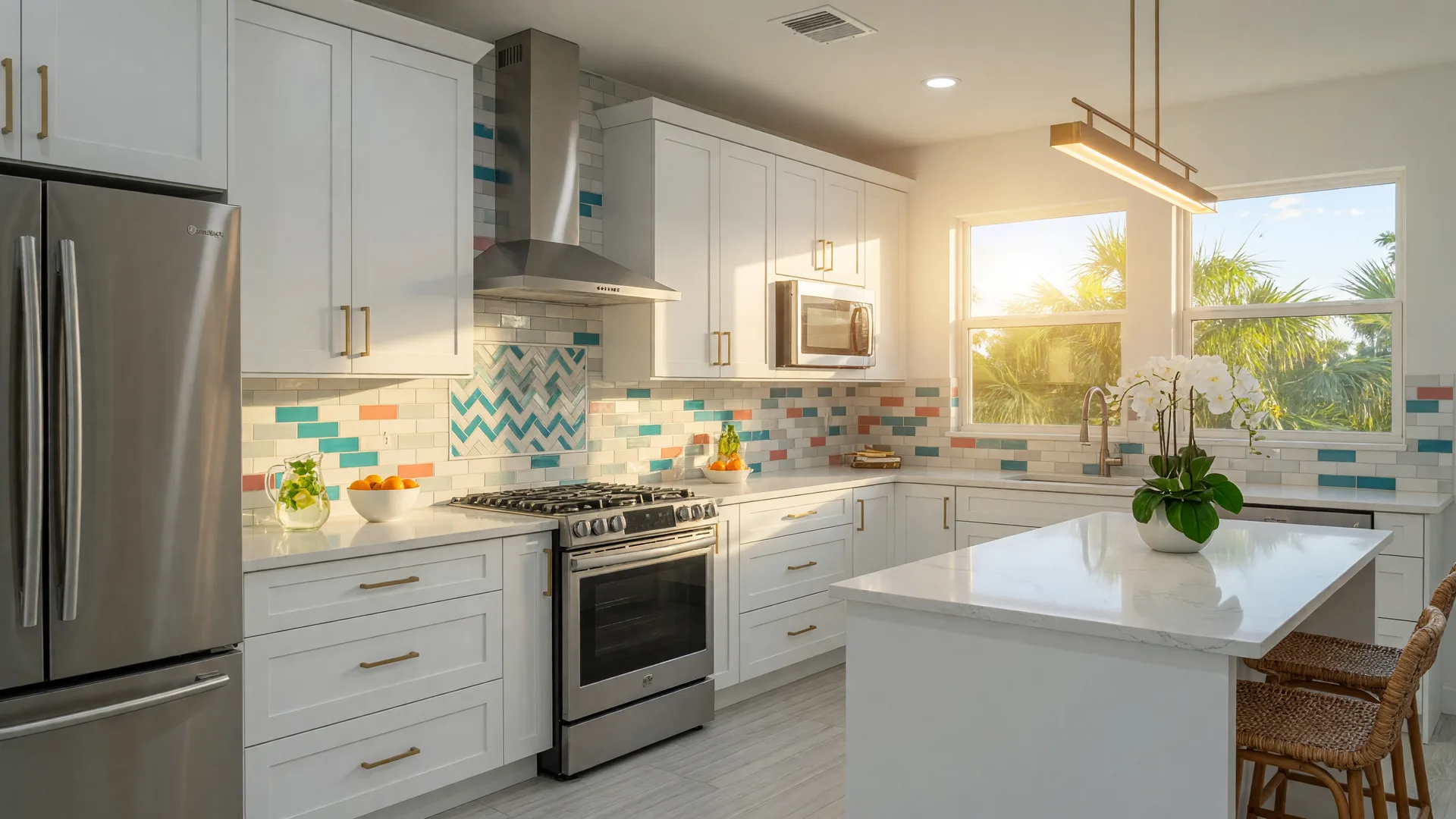 Renovated South Florida kitchen with white cabinets and quartz countertops