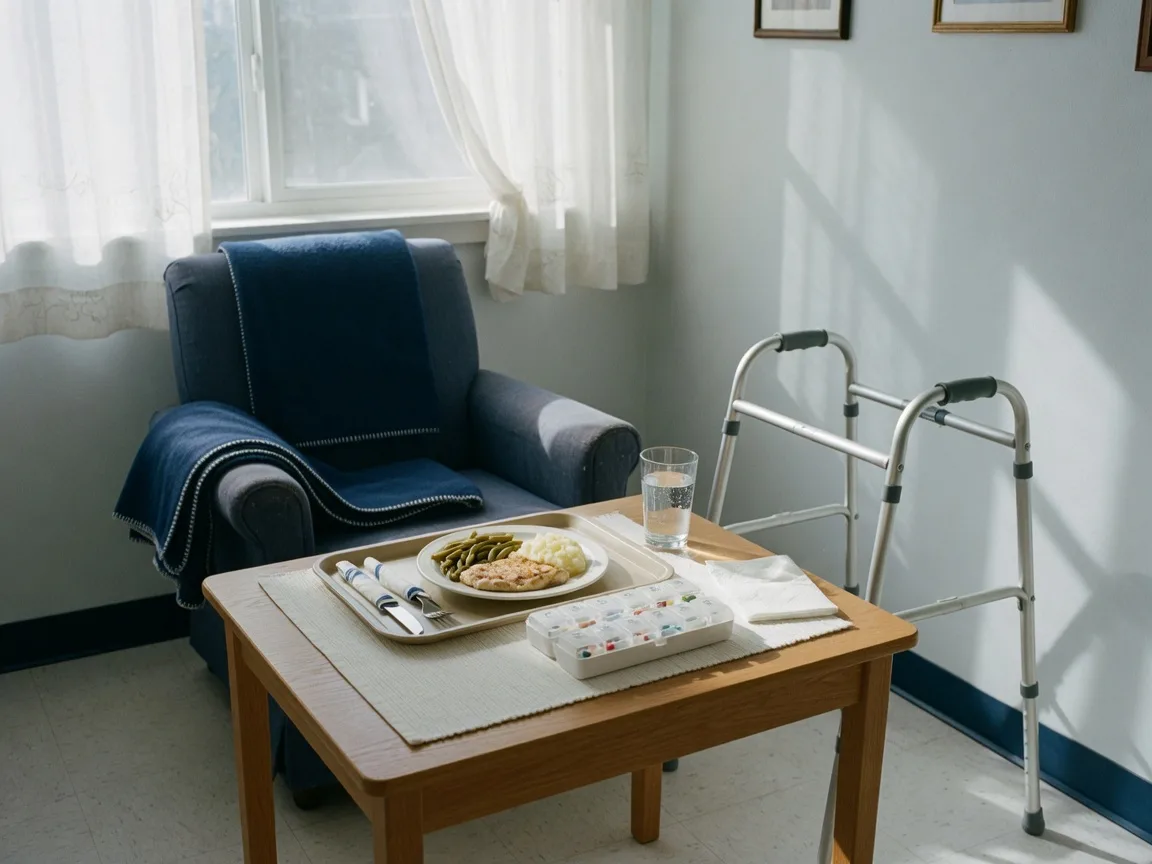 A supportive home setting with a meal tray, medication organizer, walking frame, and a comfortable armchair with a folded blanket