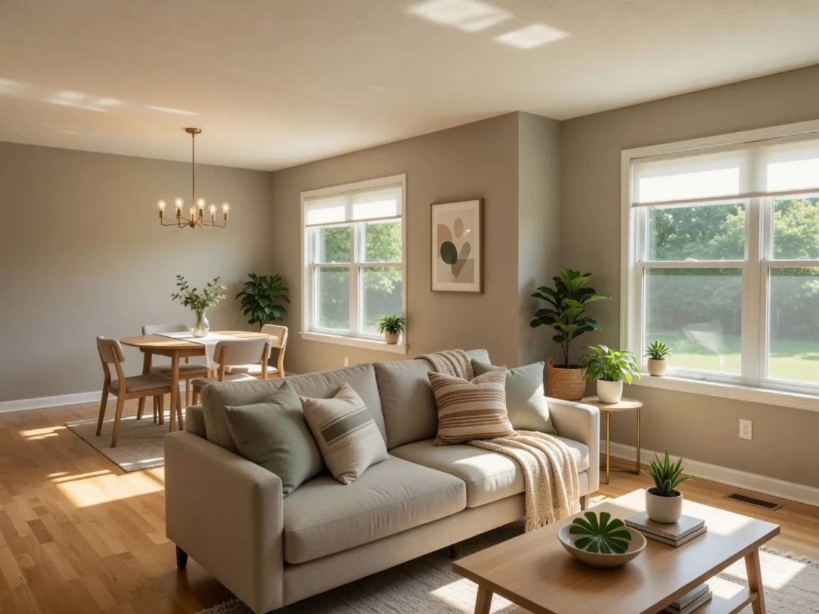 A bright, freshly staged Mount Laurel living room with a comfortable sofa, warm neutral walls, and natural light streaming across wood floors
