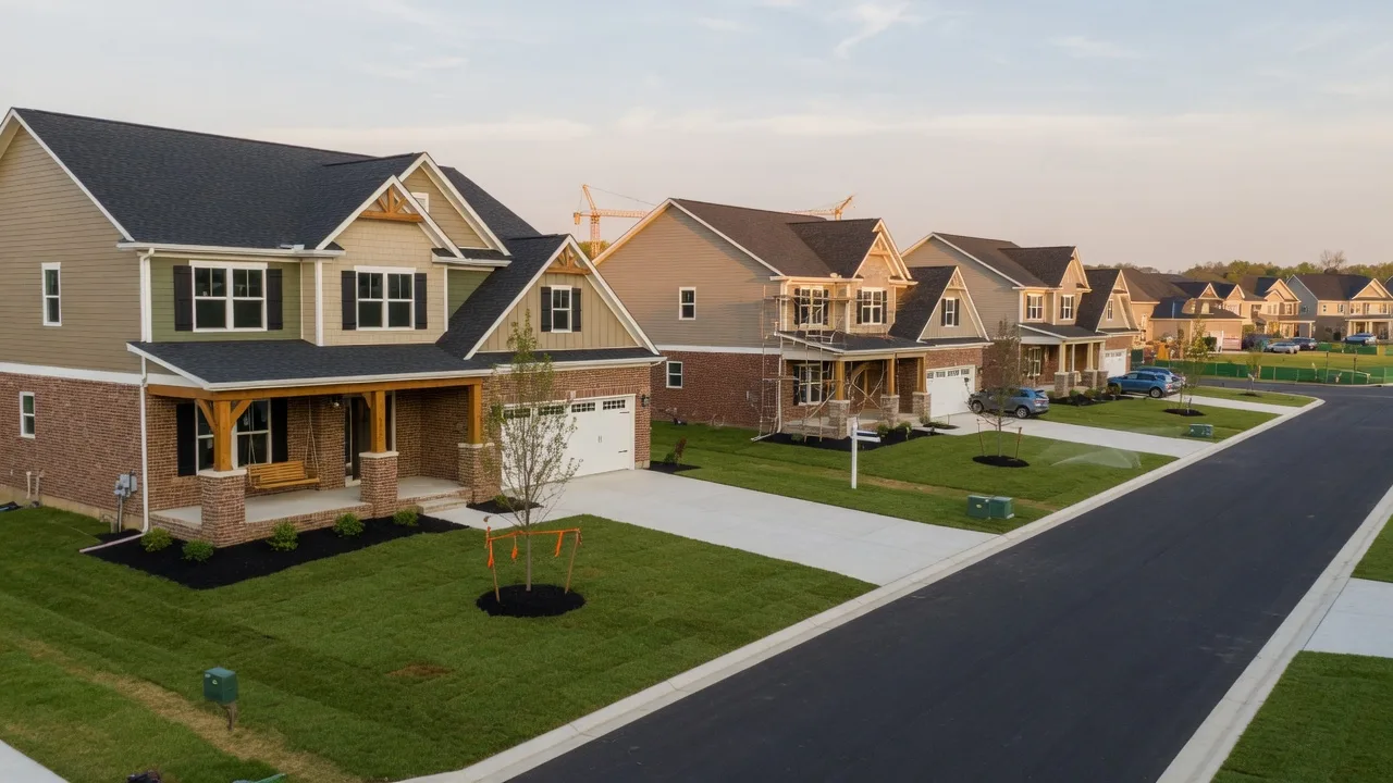 New traditional single-family construction homes in Grove City Ohio with brick and siding exteriors and Craftsman porches