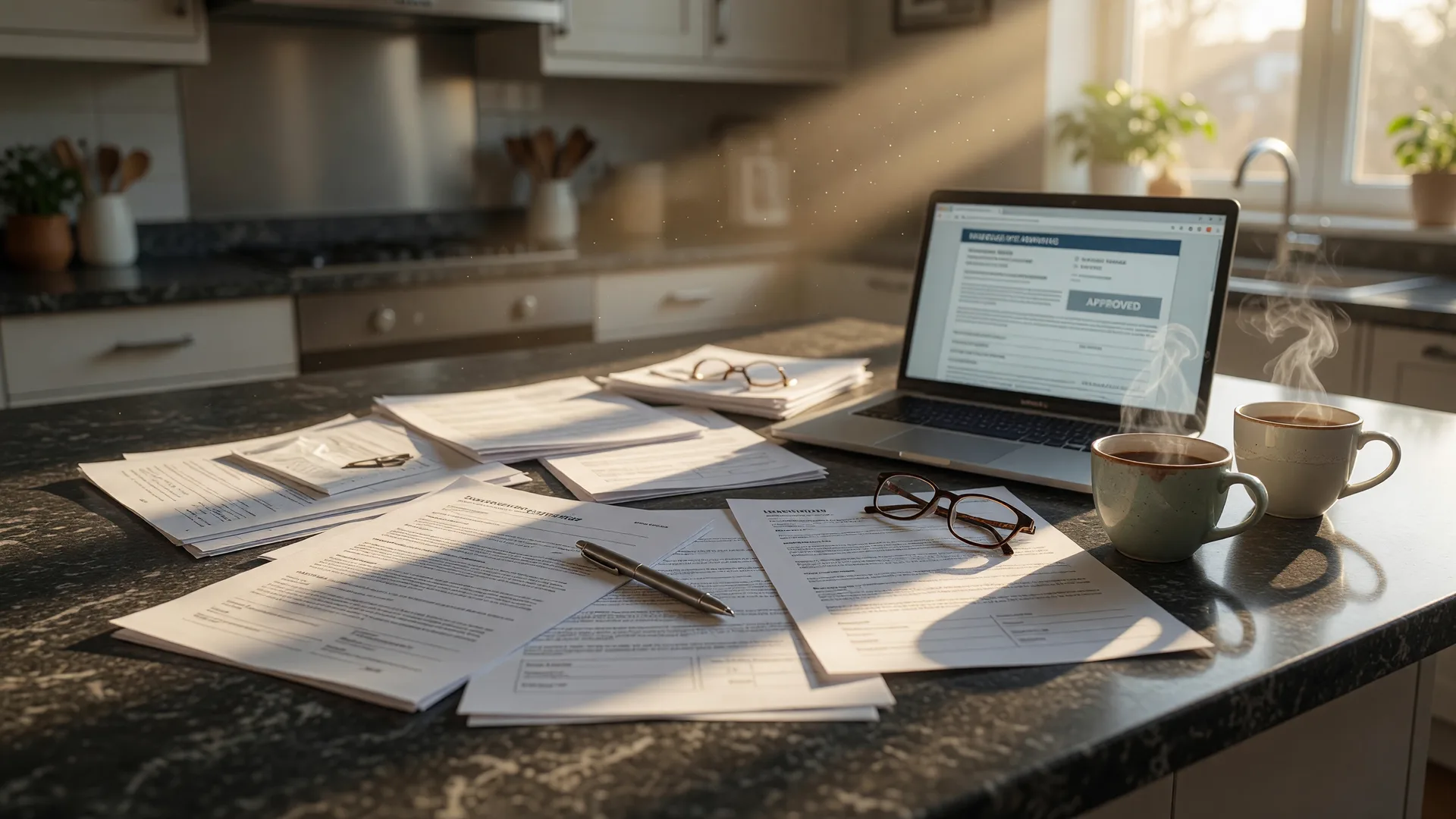 Purchase contract on a kitchen island next to a laptop with a pre-approval letter, pen, and coffee in morning light
