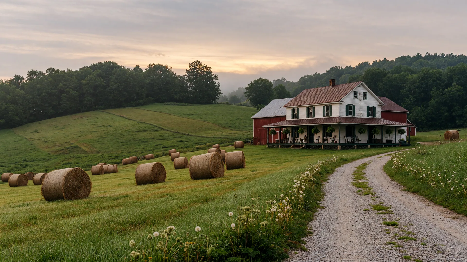 A rural Pennsylvania farmhouse on a rolling hillside with hay bales in the meadow