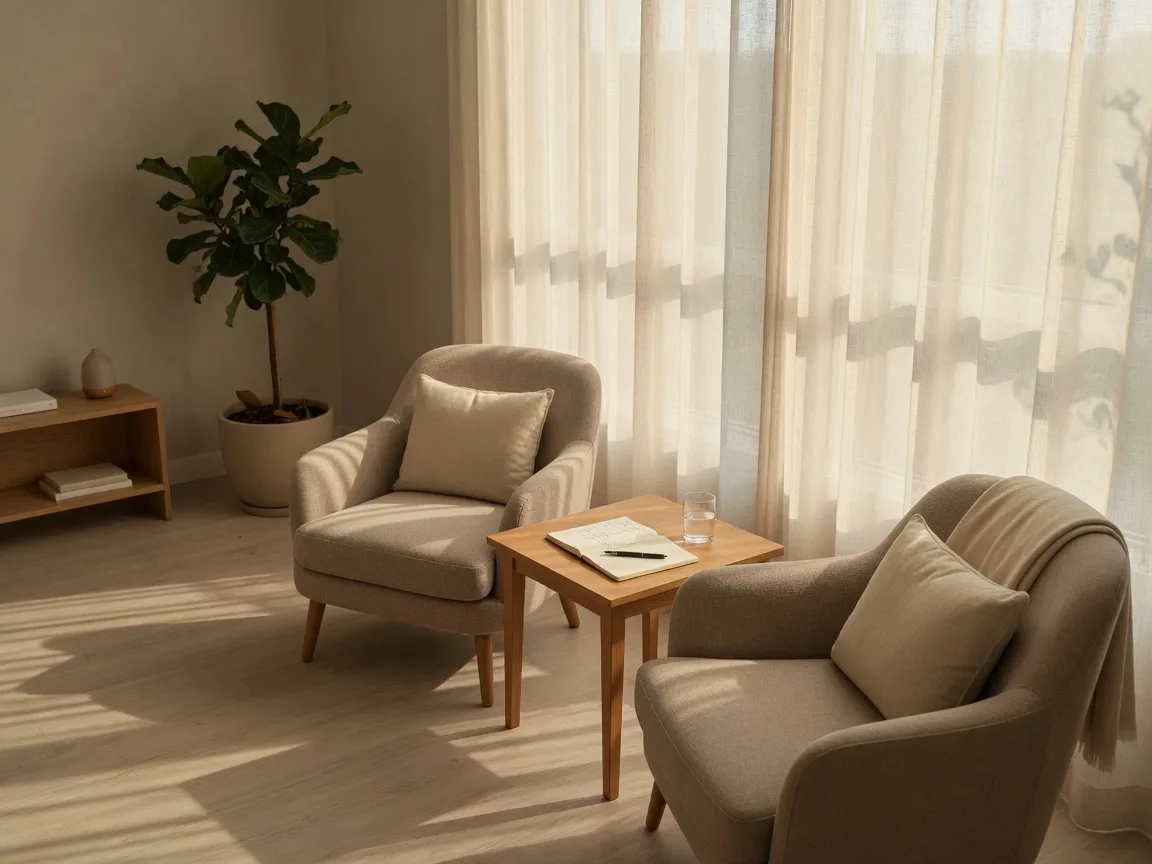 A calm, sunlit consultation room with two armchairs facing a large window and an open notebook on a side table