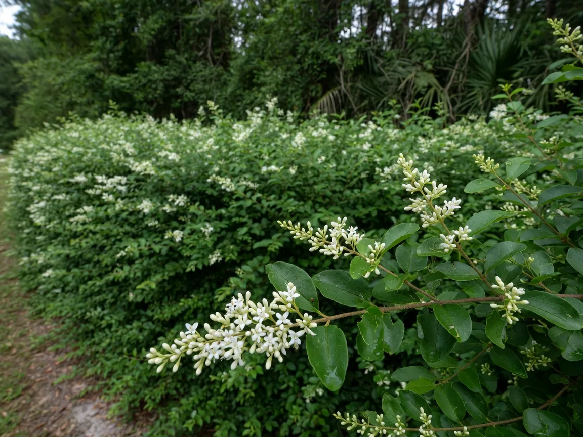 Chinese privet shrub with small glossy leaves and clusters of white flowers