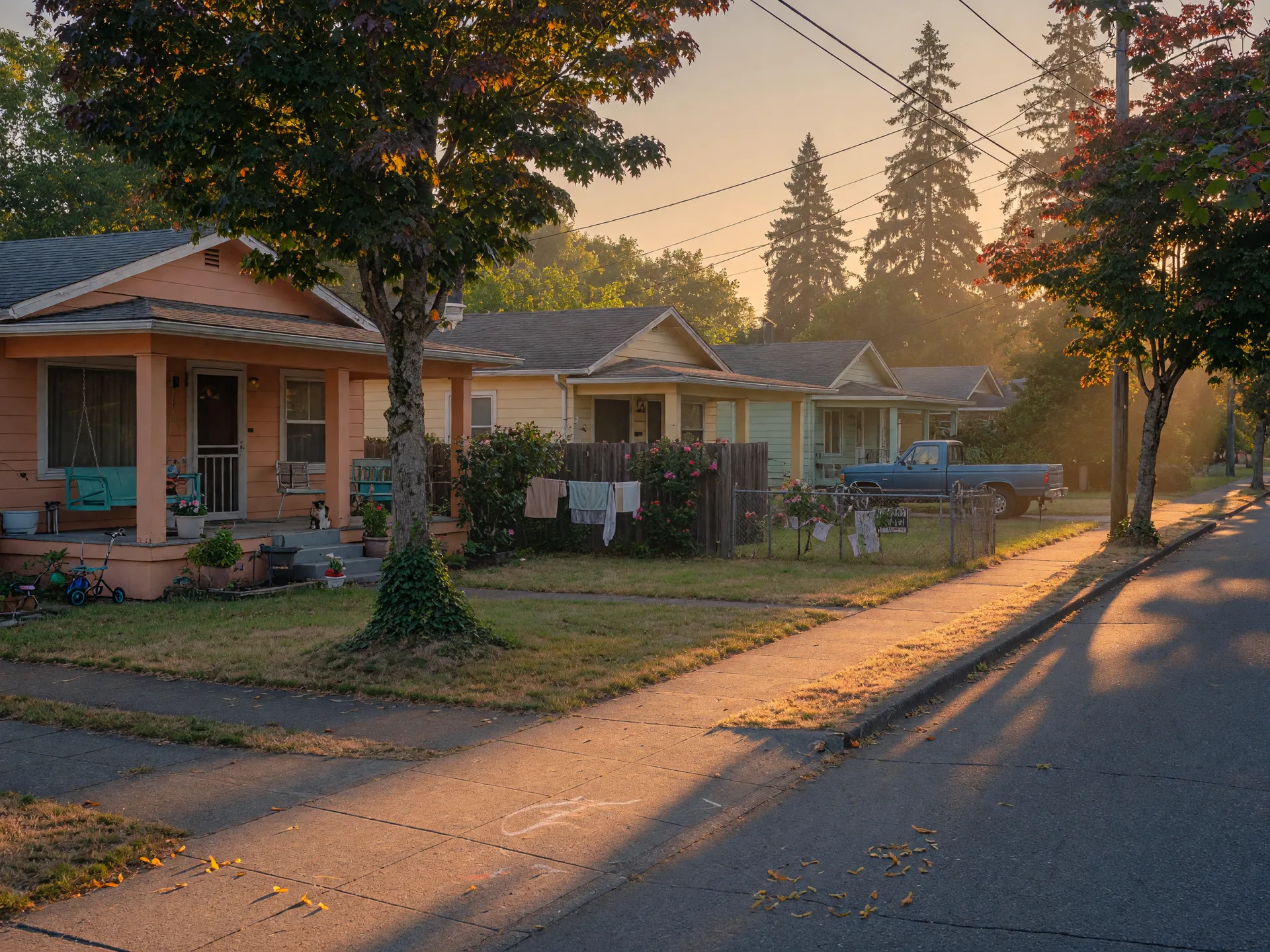A quiet Lents street of mid-century ranch homes with big fenced yards and mature trees at golden hour