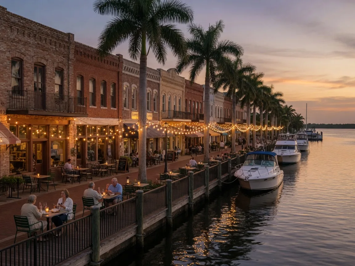 The downtown Fort Myers River District at dusk, with historic brick storefronts, string lights, outdoor cafe tables, and boats along the Caloosahatchee River