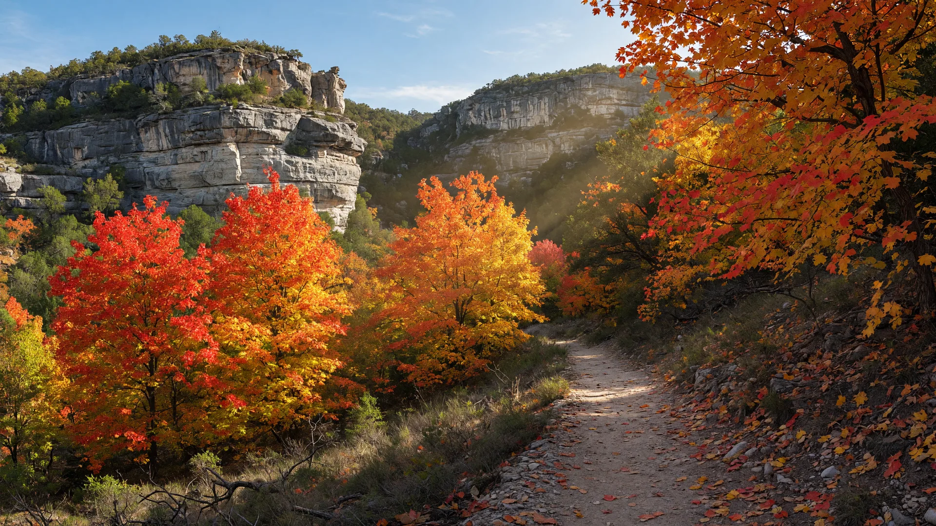 Vibrant bigtooth maple trees displaying autumn colors against limestone cliffs and blue sky at Lost Maples State Natural Area