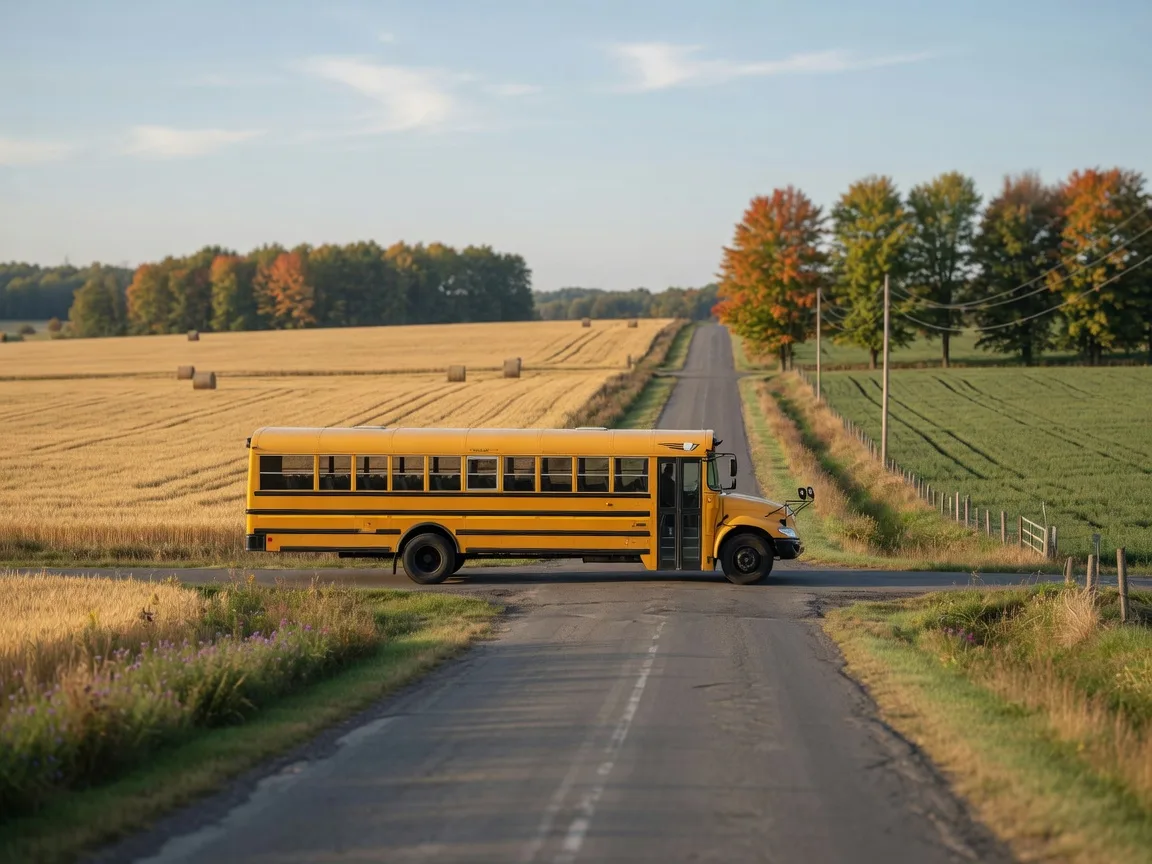 Yellow school bus on a quiet rural road outside Campbellford, with farmland and early fall colour in the distance