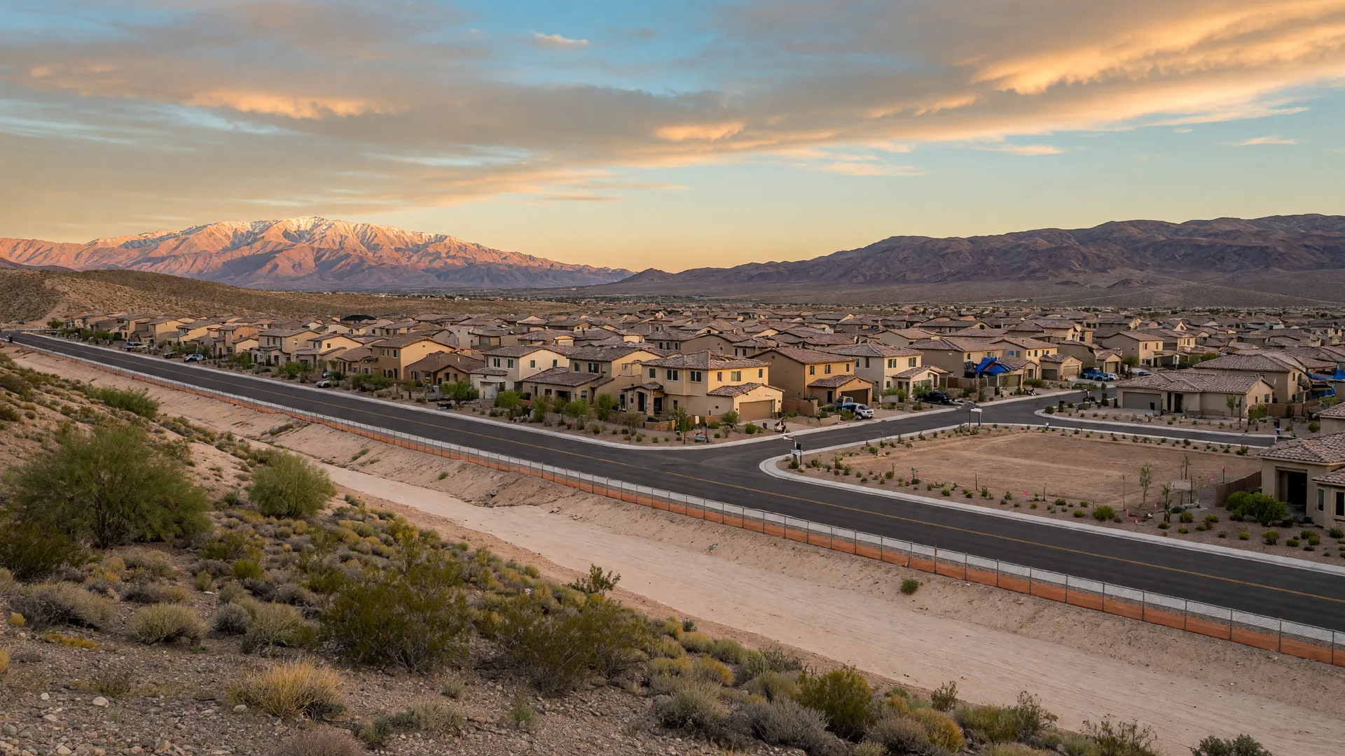Warm-toned stucco homes with desert landscaping along wide streets in a growing far-north Las Vegas master-planned community, with a dry wash and mountains beyond