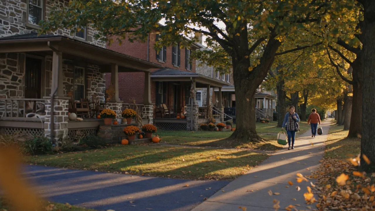 A tree-lined residential street in Rydal PA in late September with golden-hour light across historic stone and brick homes under mature oaks, pumpkins and mums on porches, and leaves drifting down the block
