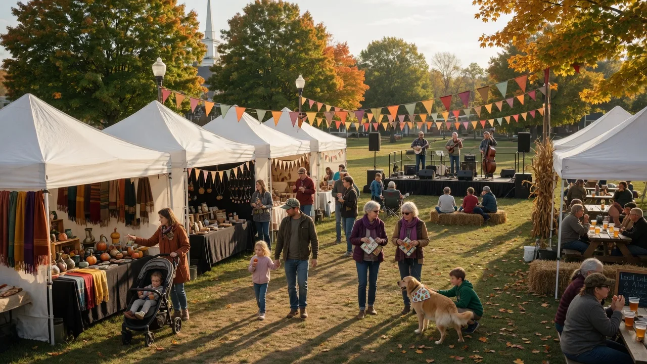 Vendor tents, families, and a live music stage at a small-town harvest festival in an open park square