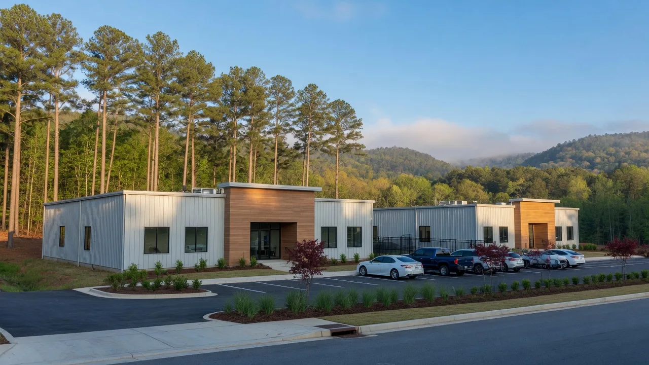 A small modern light-industrial business park set close to a road in a Georgia foothills town