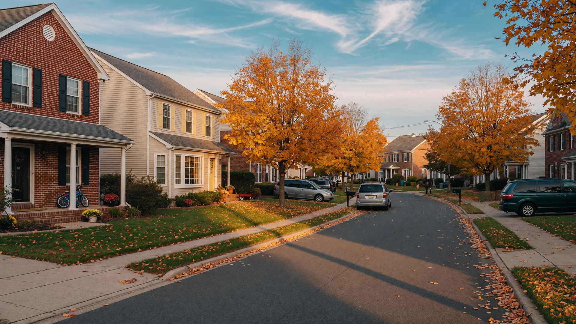Quiet tree-lined residential street in suburban South Jersey in early autumn, with golden maple leaves and classic colonials