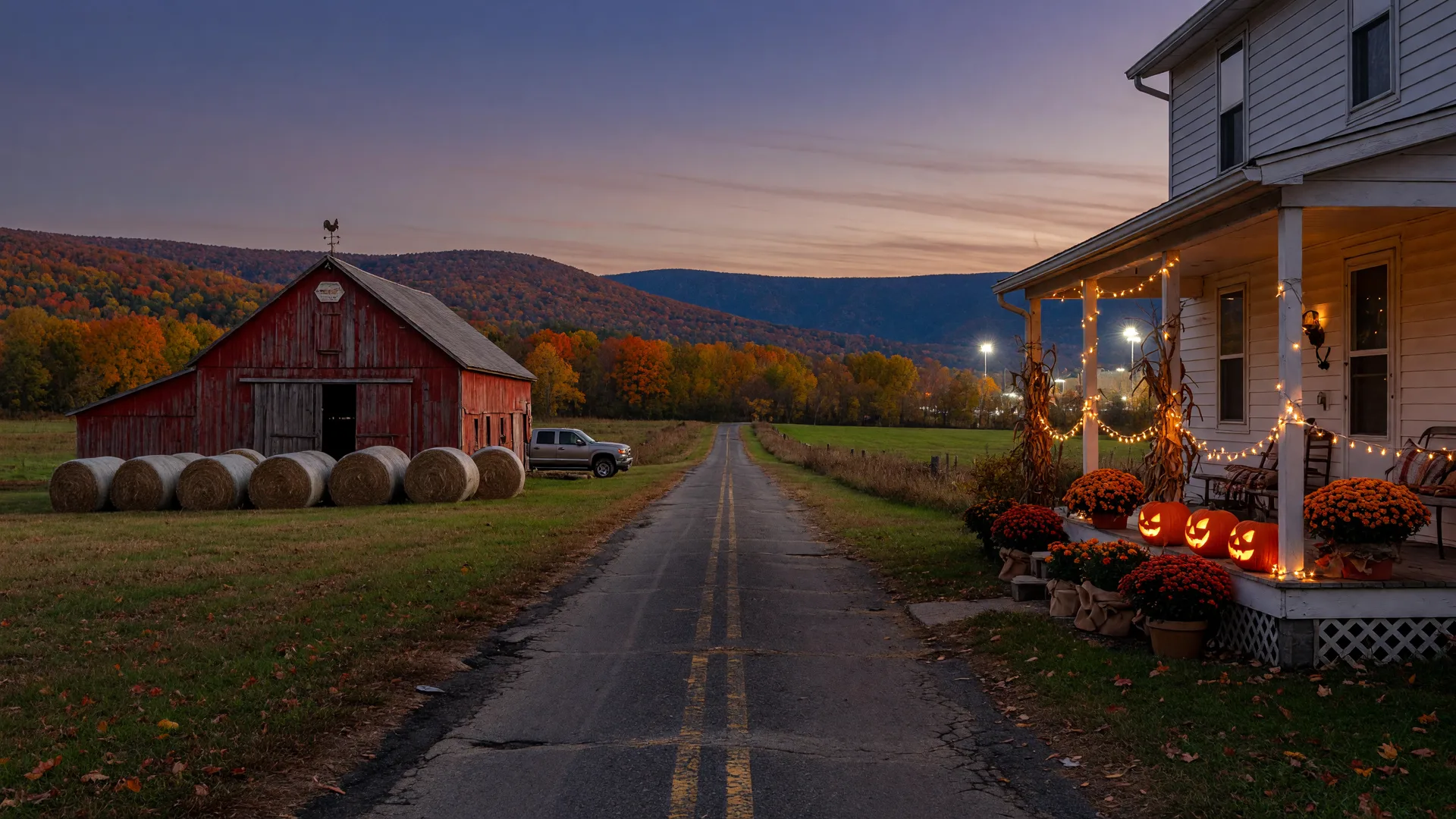 A warm late-October dusk scene in rural Lehigh County, with a red barn and white farmhouse, glowing jack-o-lanterns and potted mums on the porch, hay bales, distant stadium floodlights on the horizon, and the Blue Mountain ridge at peak fall color