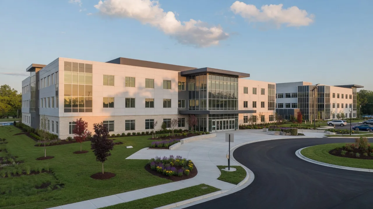The newly expanded Kettering Health Wilmington Health Center on Rombach Avenue in Wilmington, Ohio, a modern medical facility with glass entrances and landscaped grounds on a bright summer morning