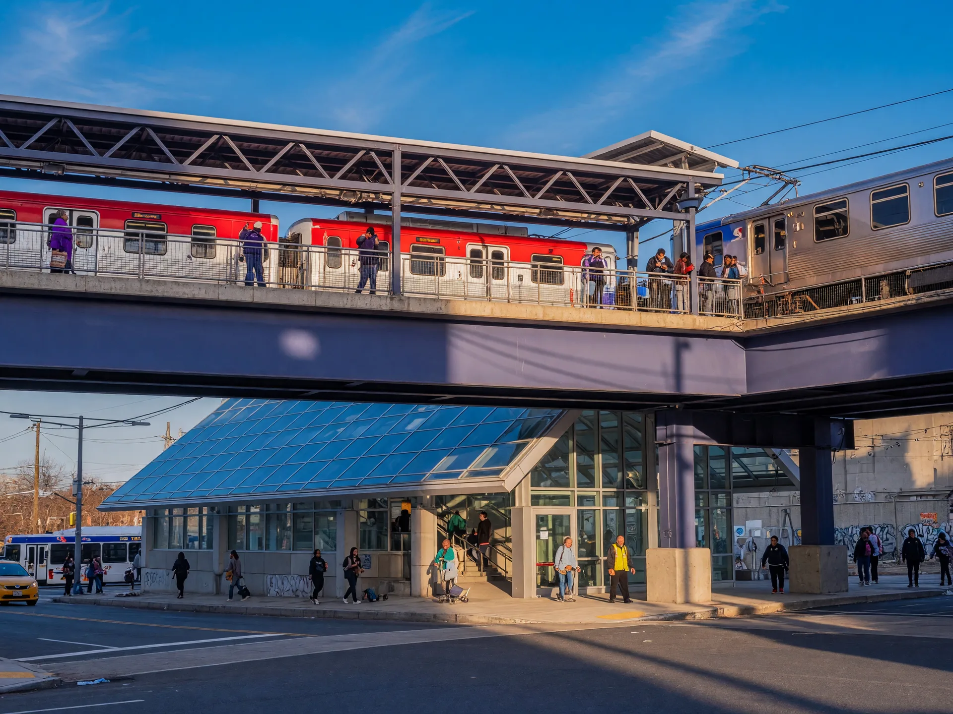 The SEPTA Fern Rock Transportation Center with Broad Street Line and regional rail cars at the edge of the Oak Lane area, North Philadelphia