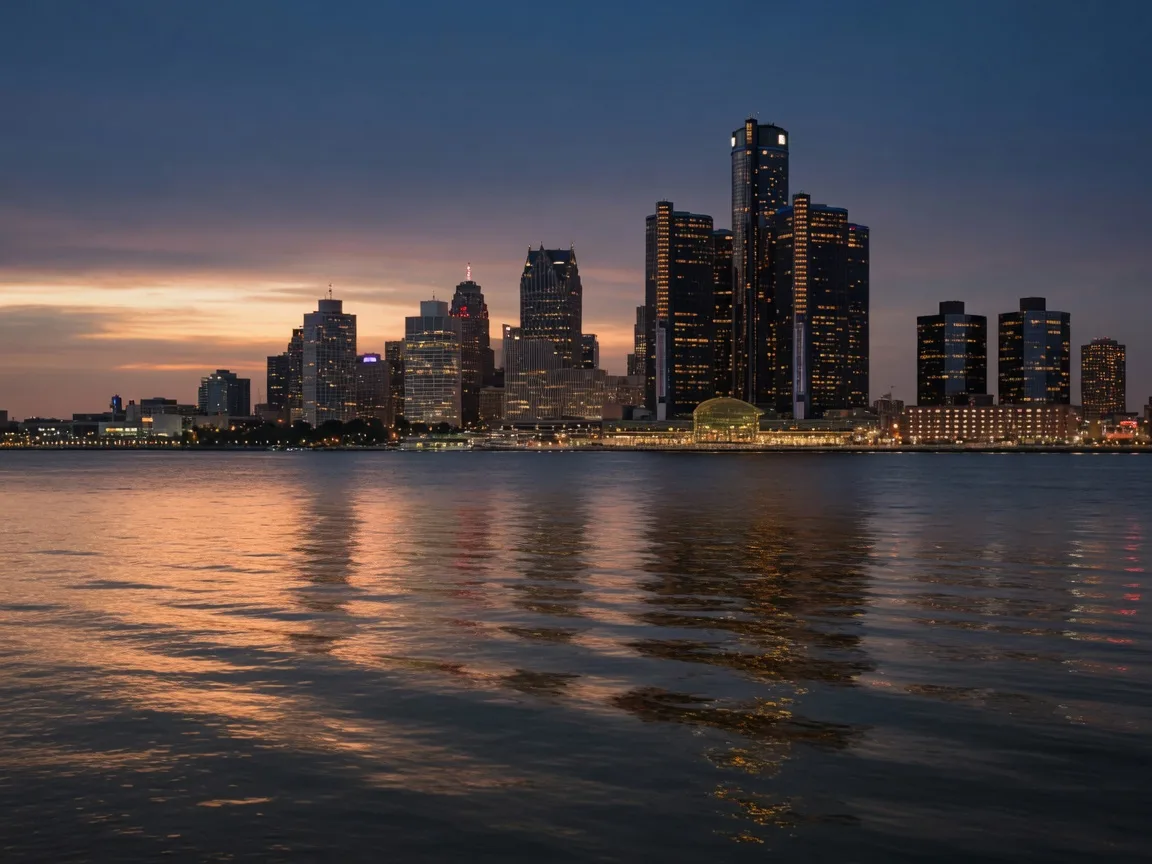 The Detroit skyline across the river at dusk