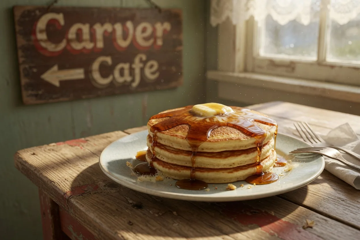 A plate of golden pancakes with butter and maple syrup on a rustic table, with a vintage Carver Cafe sign visible in the background