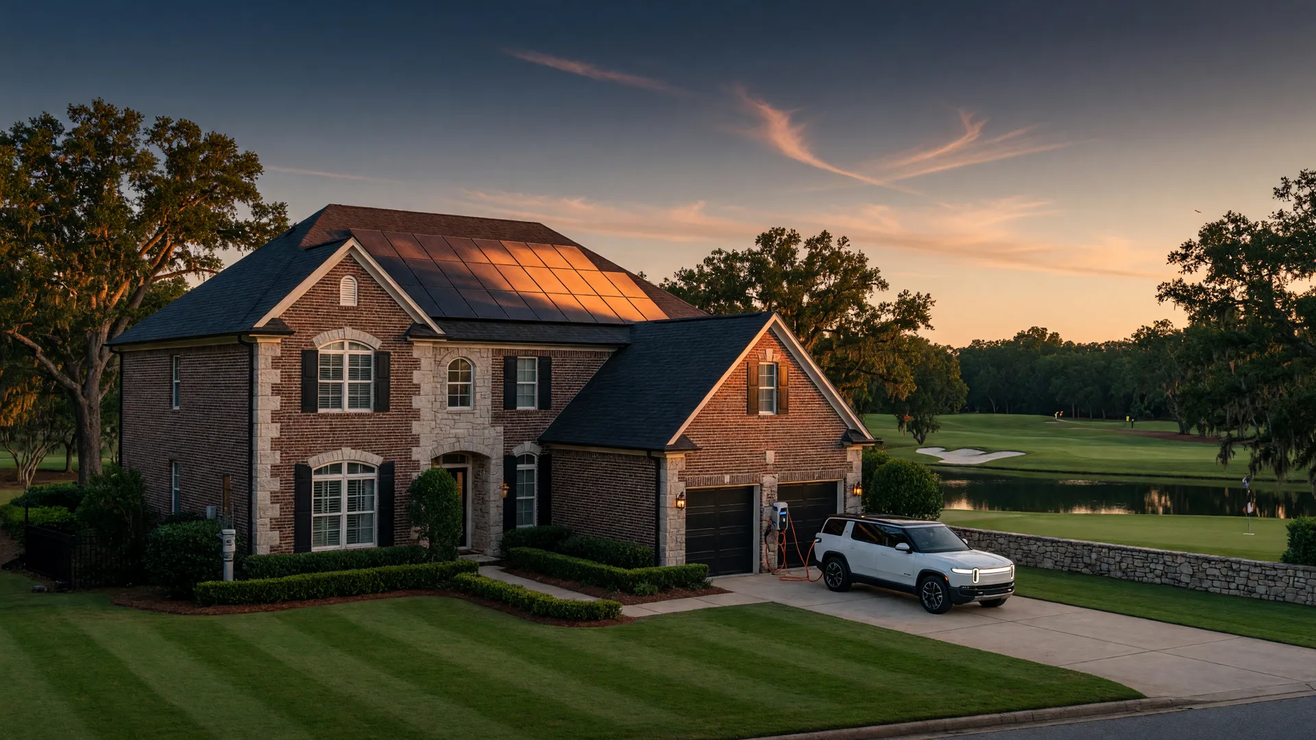 Brick and stone Georgia luxury home on a golf course at golden hour with rooftop solar panels and an electric vehicle charging at a wall-mounted station in the driveway