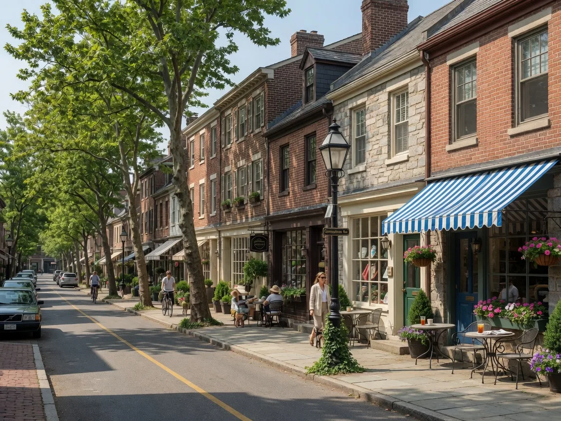 Brick and stone storefronts with boutiques and a cafe along Chestnut Hill's Germantown Avenue village center