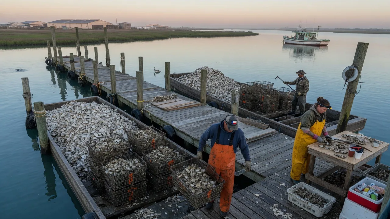 A working oyster harvesting dock on a Texas bay