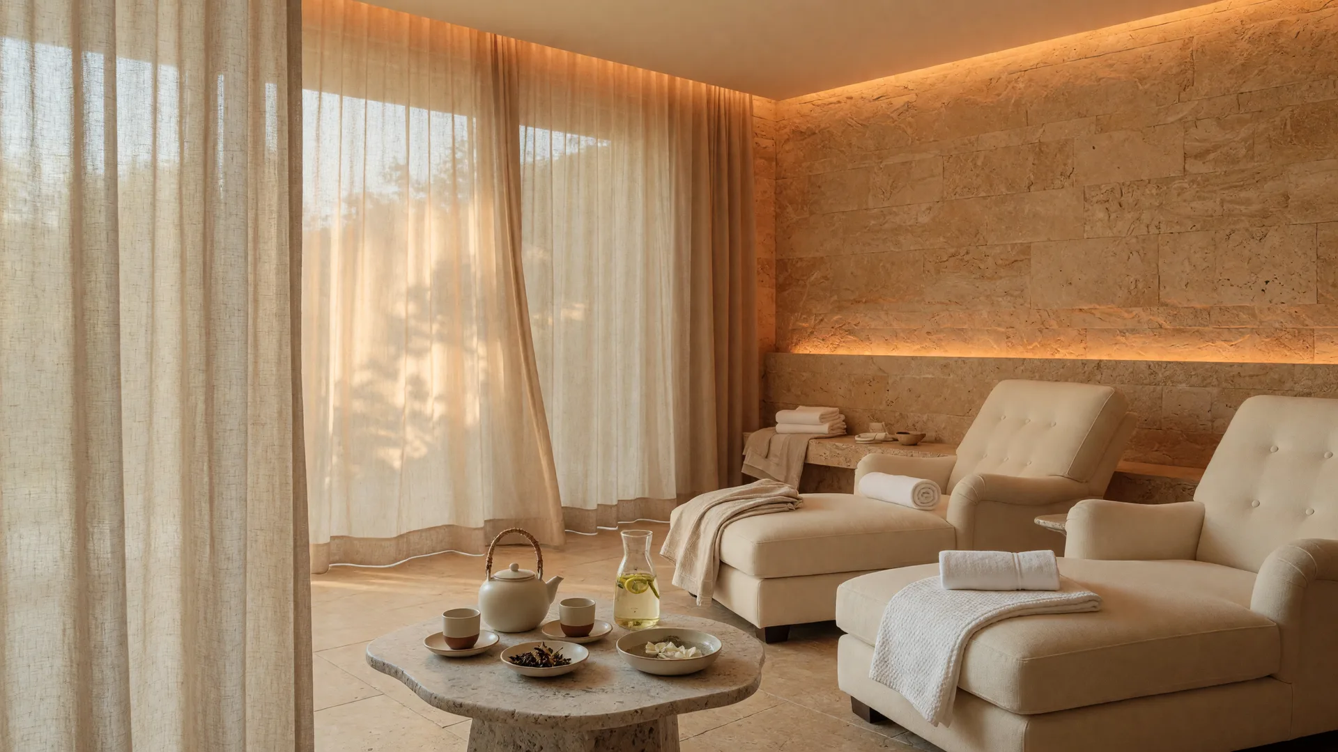 A serene luxury spa relaxation lounge in warm honey-toned stone, cream chaise lounges with folded white towels, sheer linen curtains, and a ceramic tea set on a stone table