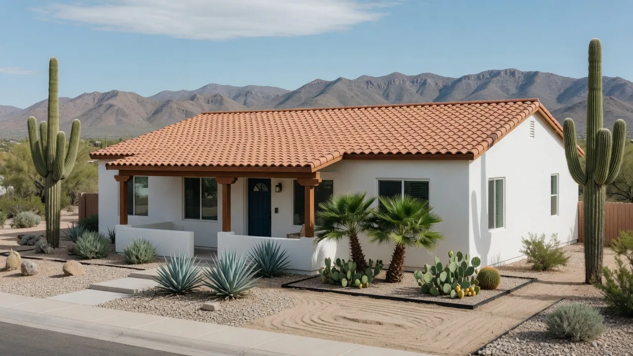A brand-new stucco and tile-roof Arizona home at golden hour with desert landscaping, palms, saguaros, and the White Tank Mountains on the horizon