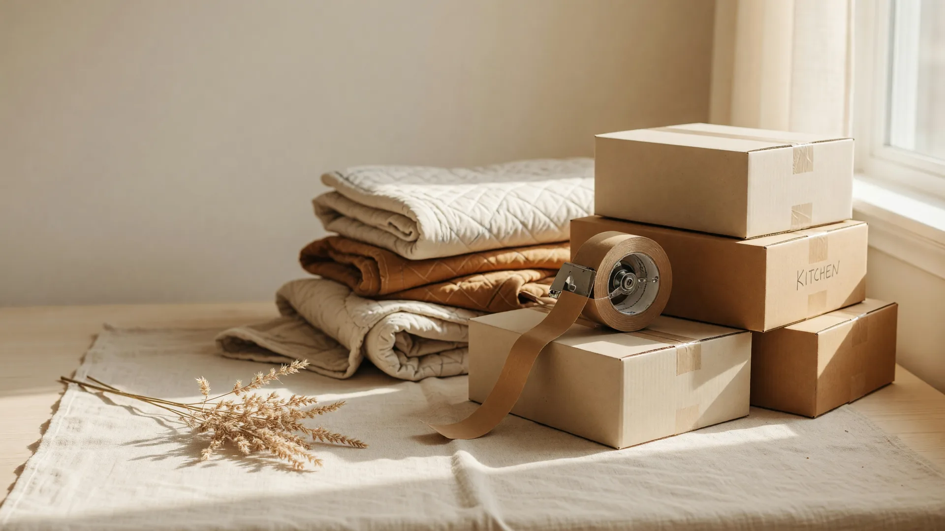 Warm editorial still life of kraft moving boxes, packing tape, and folded blankets near a bright window
