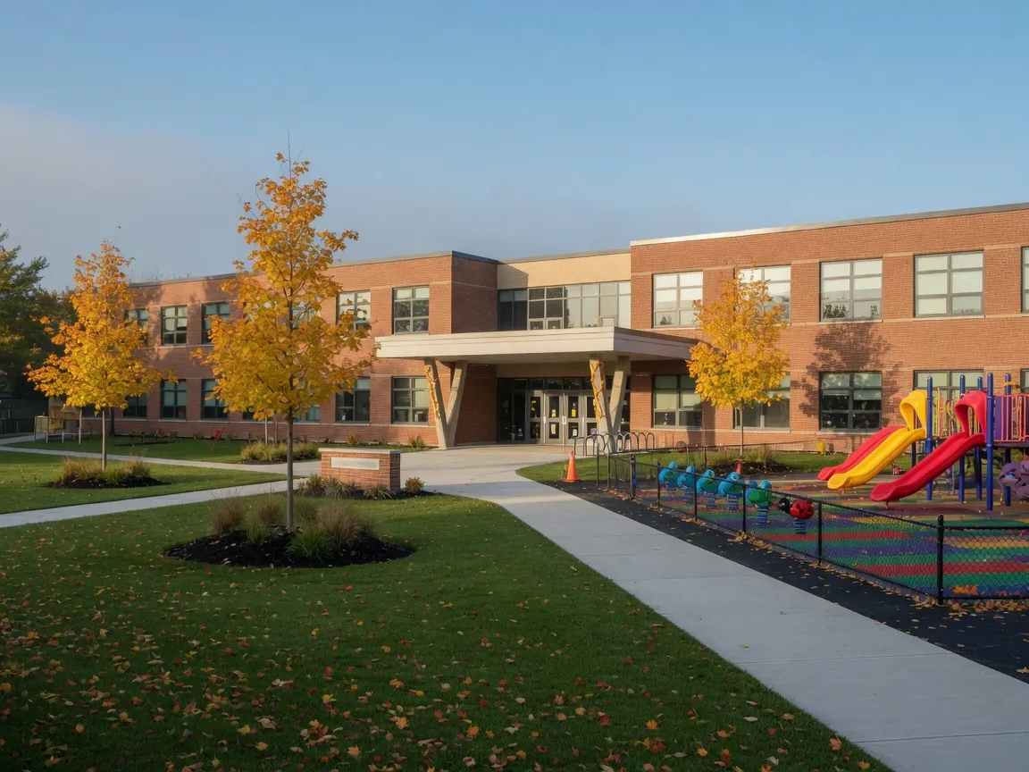 Modern brick elementary school with golden maple trees and a playground in north Oshawa