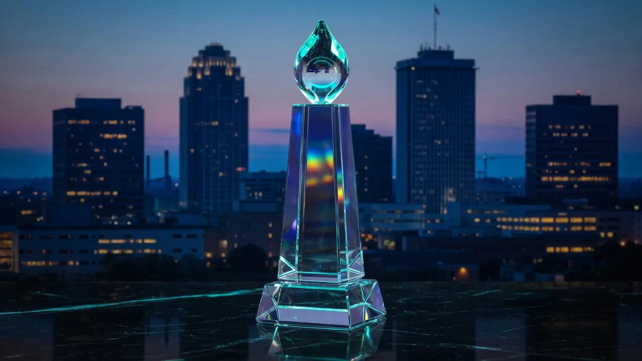 A crystal award trophy on a reflective surface with the Dayton Ohio skyline softly blurred at dusk