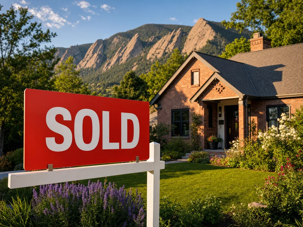 Red SOLD sign in front of a beautiful Boulder Colorado home with mountain backdrop