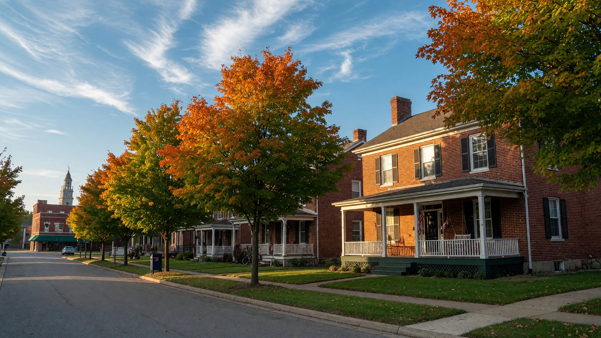 A classic two-story brick colonial home with a covered front porch and manicured lawn on a tree-lined Lebanon, Ohio street in warm early-autumn morning light