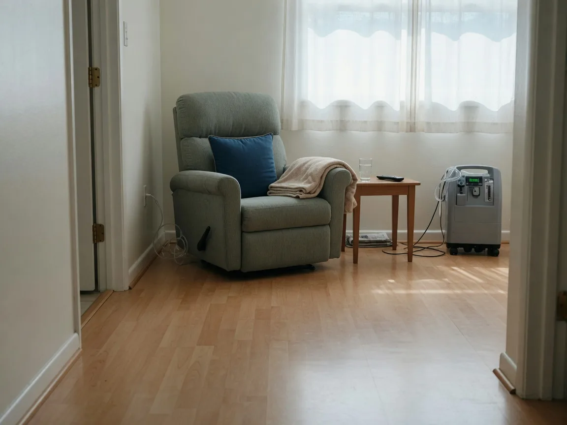 A calm prepared living room with a recliner, folded blanket, side table, and an oxygen concentrator beside a clear entry path