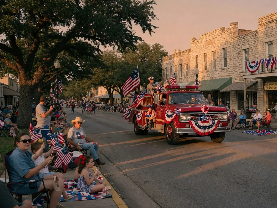 A festive Fourth of July parade in a small Texas Hill Country town with families in lawn chairs watching a decorated fire truck pass by under warm golden evening light