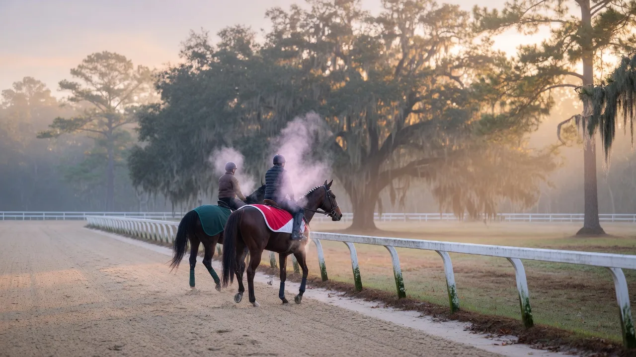 Thoroughbred horses training on a misty sandy track in Aiken SC under moss-draped live oaks at dawn