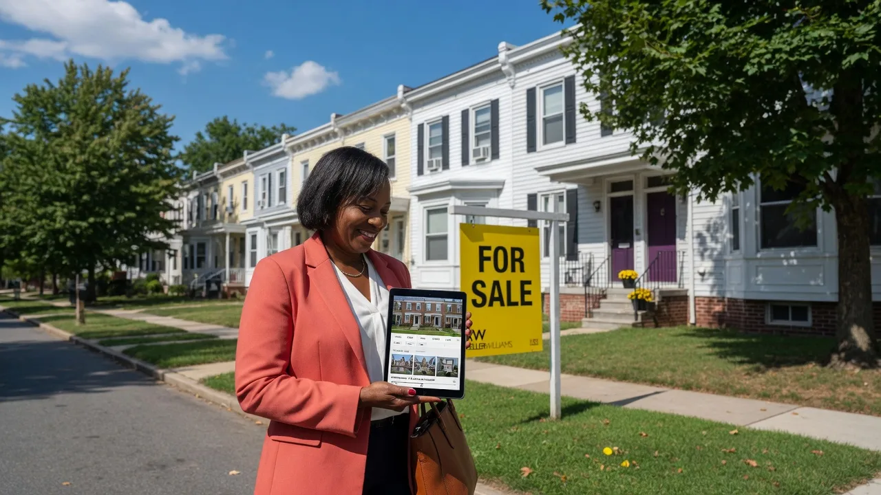 Real estate agent with tablet searching homes on a sunny Philadelphia street