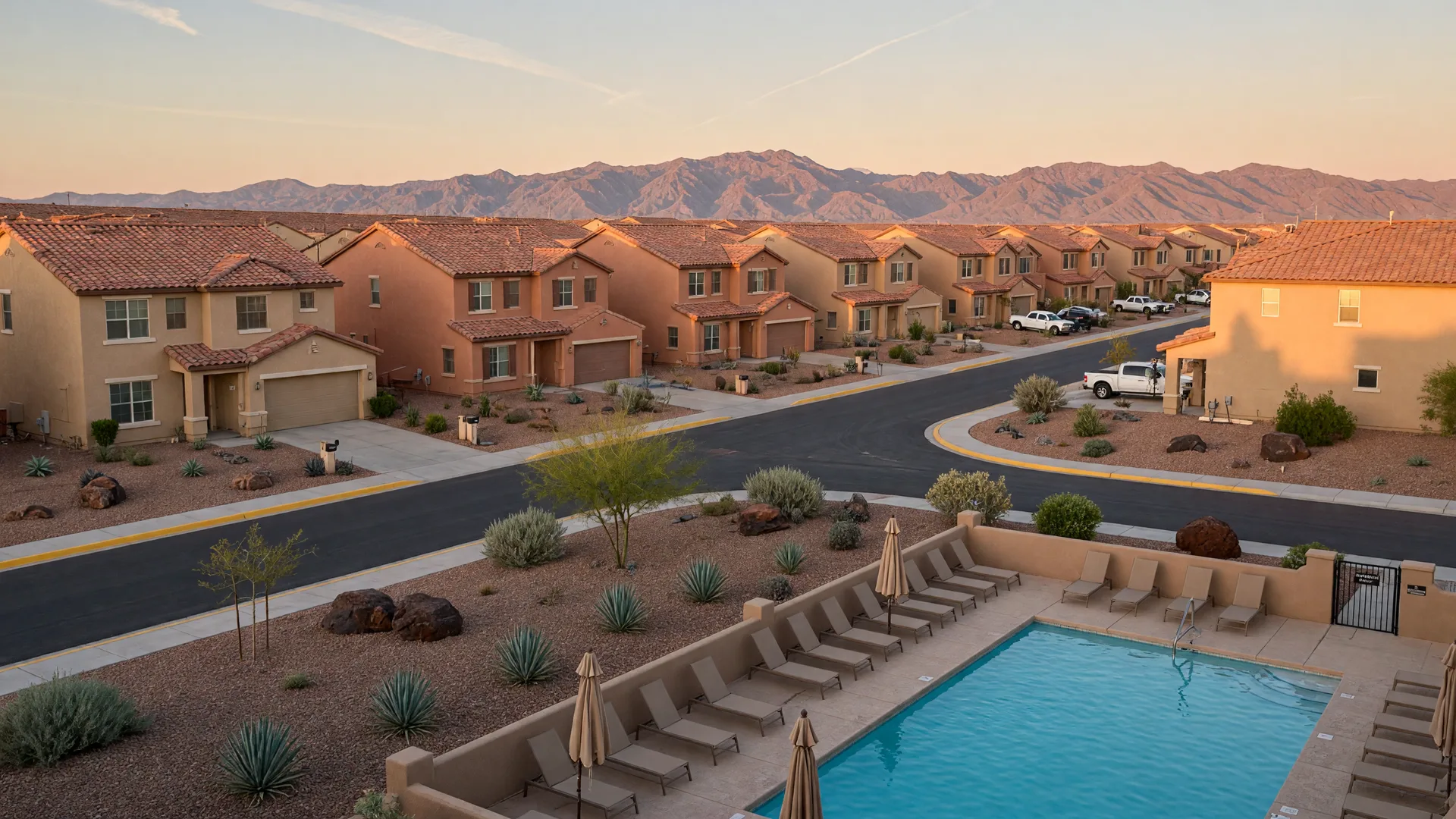 New construction stucco homes with tile roofs and desert xeriscaping in a Las Vegas master-planned community with the Spring Mountains in the background