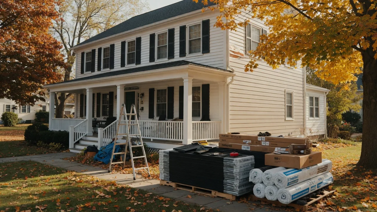 A classic Colonial-style home in Bloomfield NJ in early autumn with fresh roofing materials and a contractor ladder staged on the stone walkway
