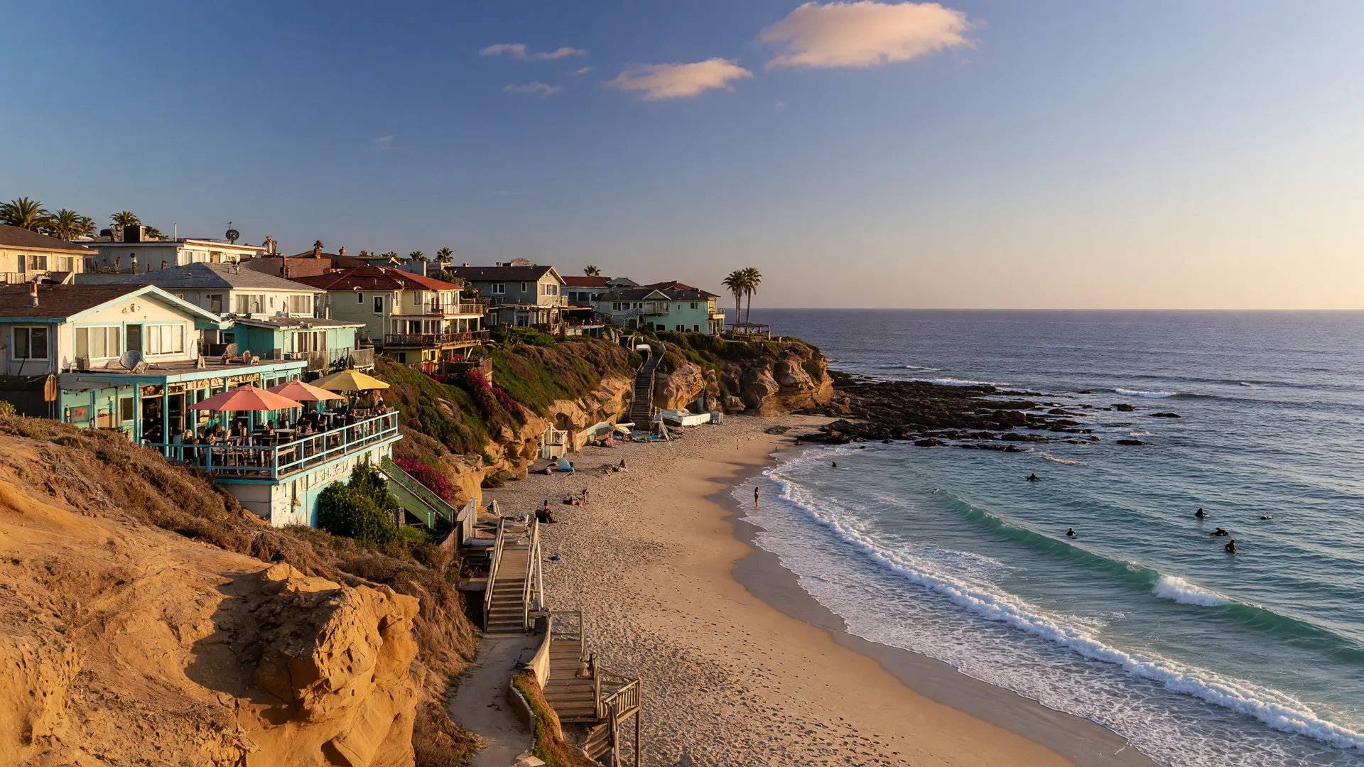 A low sandstone bluff of coastal homes and an oceanfront restaurant above a wide sandy beach with waves breaking offshore, the Cardiff-by-the-Sea coastline in late-afternoon light
