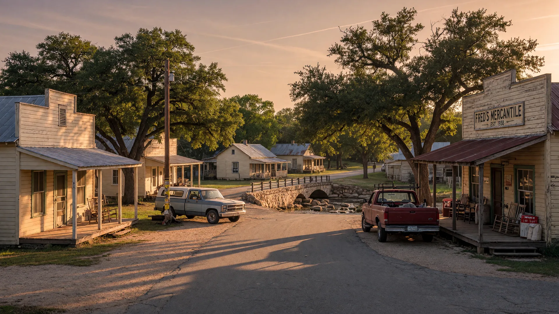 A small Texas Hill Country town street with older frame houses and a country store under live oaks at late afternoon, in the San Antonio home inspection service area of Rodeo Home Inspections