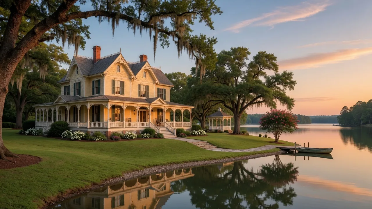 Historic Victorian estate on Lake Hartwell with wraparound porch, mature oak trees, and manicured lawns sloping to the water