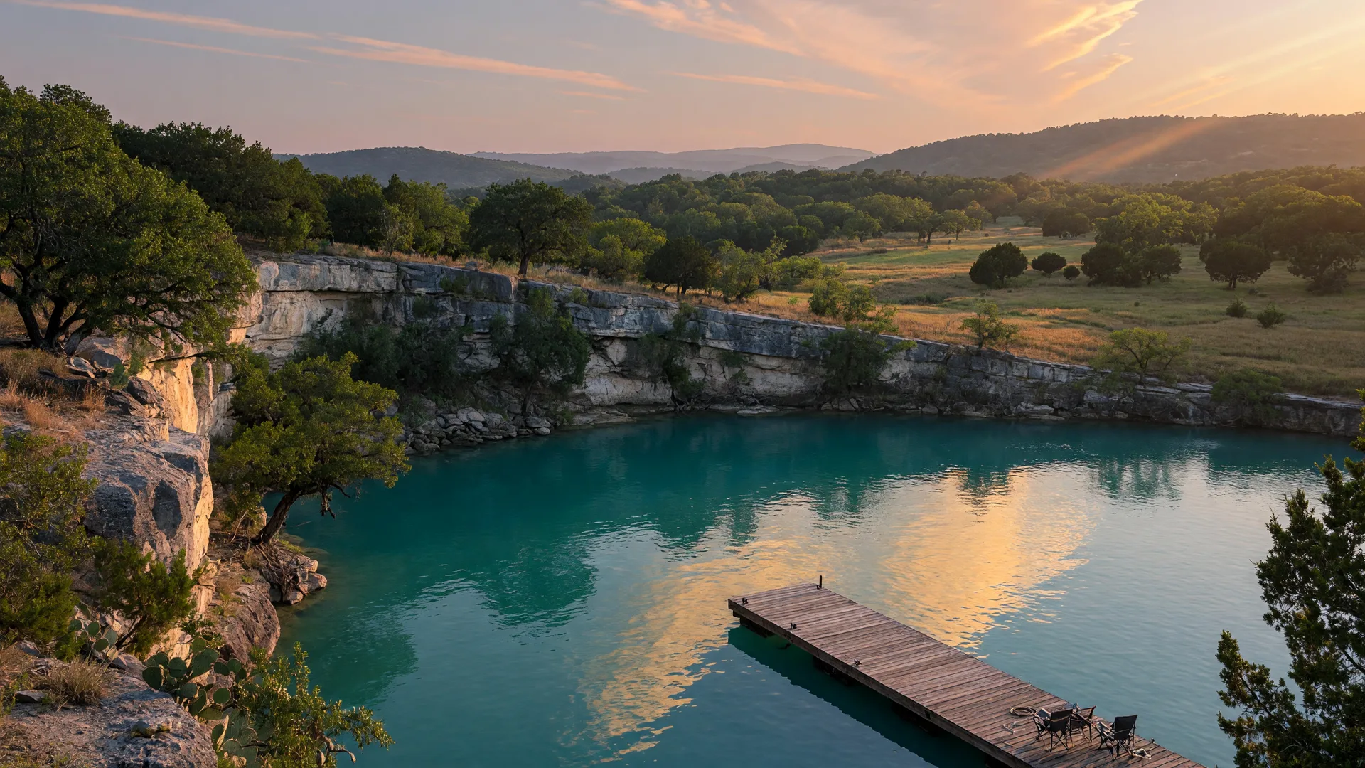 Canyon Lake at golden hour with turquoise water, limestone cliffs draped in live oaks, a wooden dock, and rolling hills fading into a hazy sky