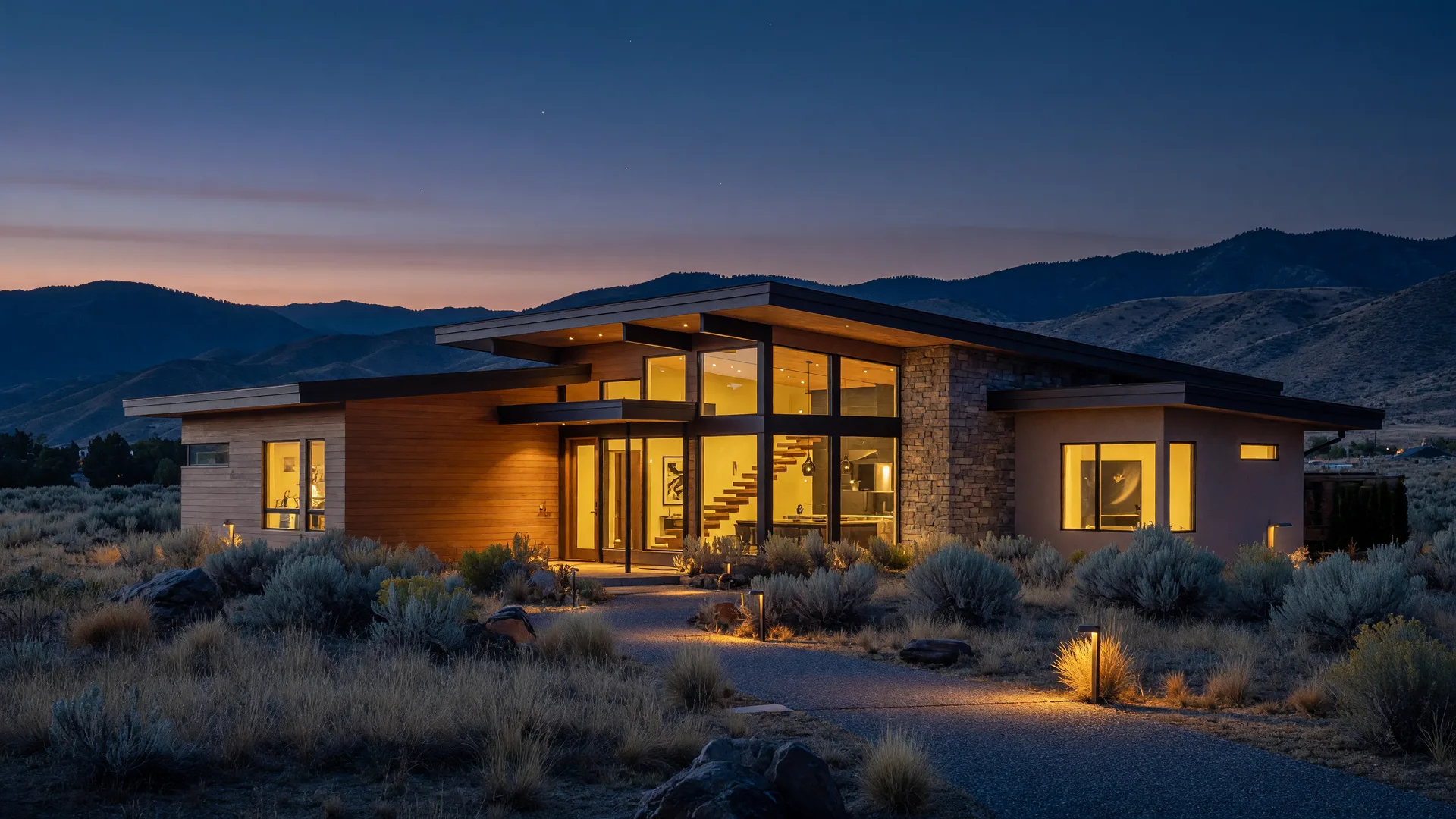 Twilight view of a luxury Treasure Valley home with warm glowing windows beneath a navy dusk sky