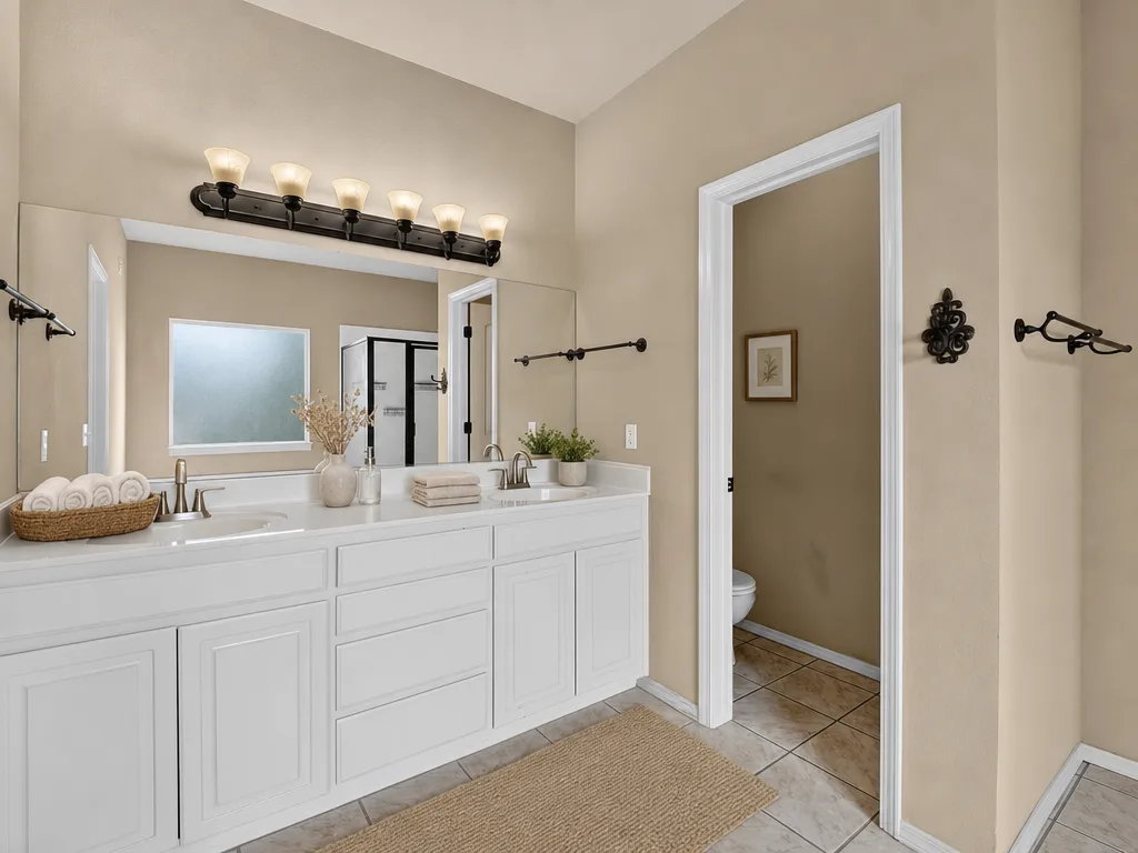 Double-vanity bath, virtually staged with towels and accents