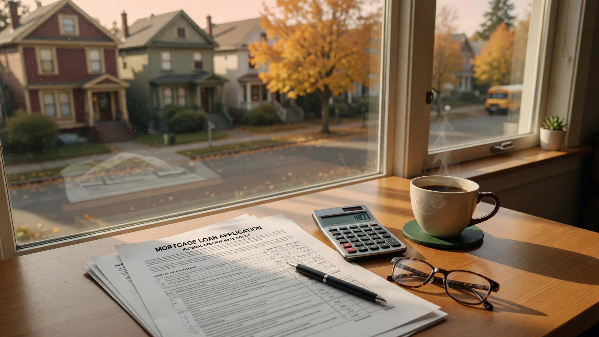 A tidy wooden desk by a bright window with mortgage documents, a calculator, a pen, and a cup of coffee, autumn maples turning gold in a Portland street beyond the glass