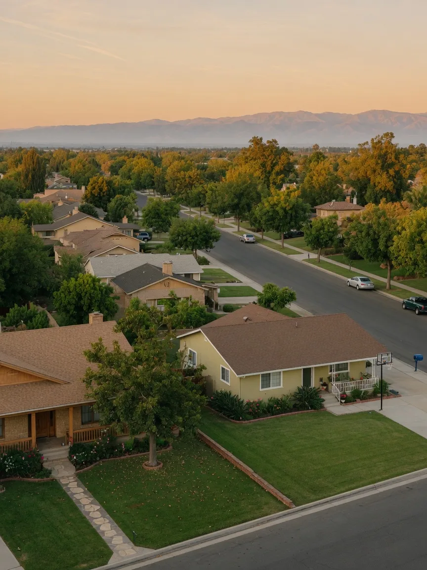 Established Turlock neighborhood at golden hour with ranch-style and custom homes on generous, tree-lined lots